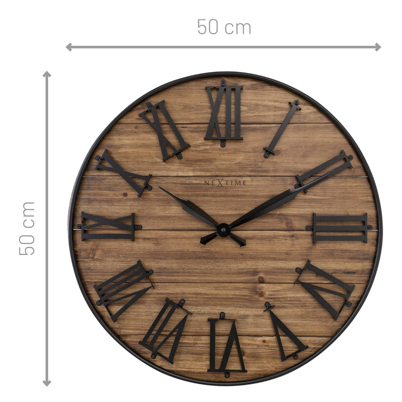 Large Wall Clock - 50cm - Silent - Dark Wood - Black Metal - "Manchester" -NeXtime